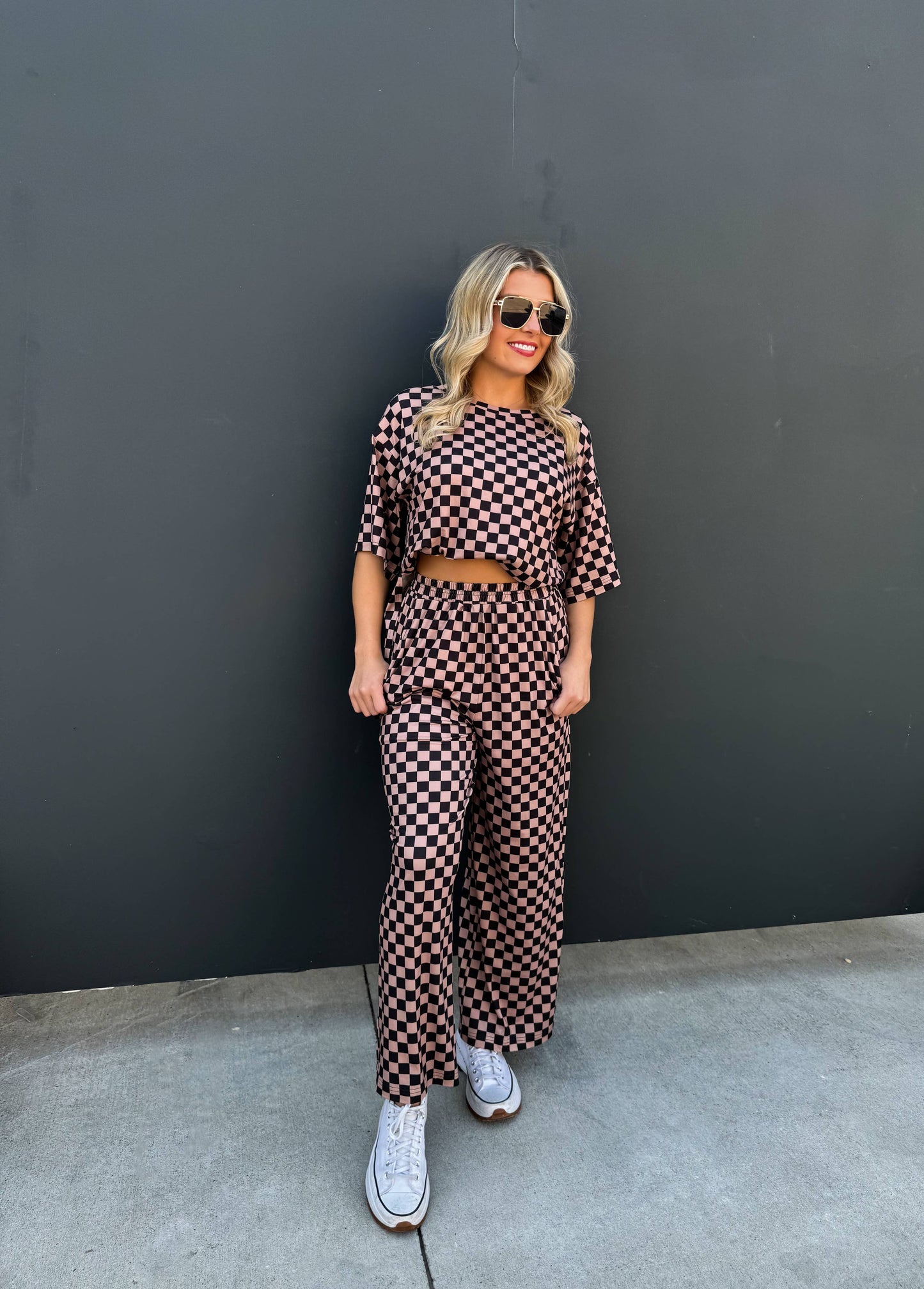 BOLD BLOCK CHECKER PANTS- NEUTRALS: Beige/White / S/M