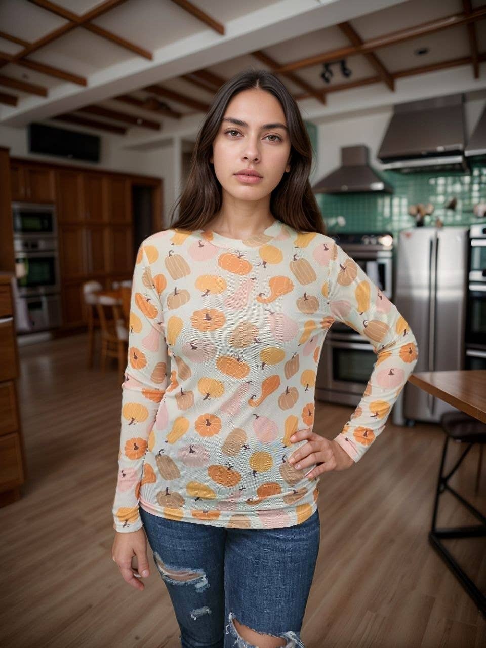 MK762 Pumpkins & Gourds Mesh Top: Fall / S