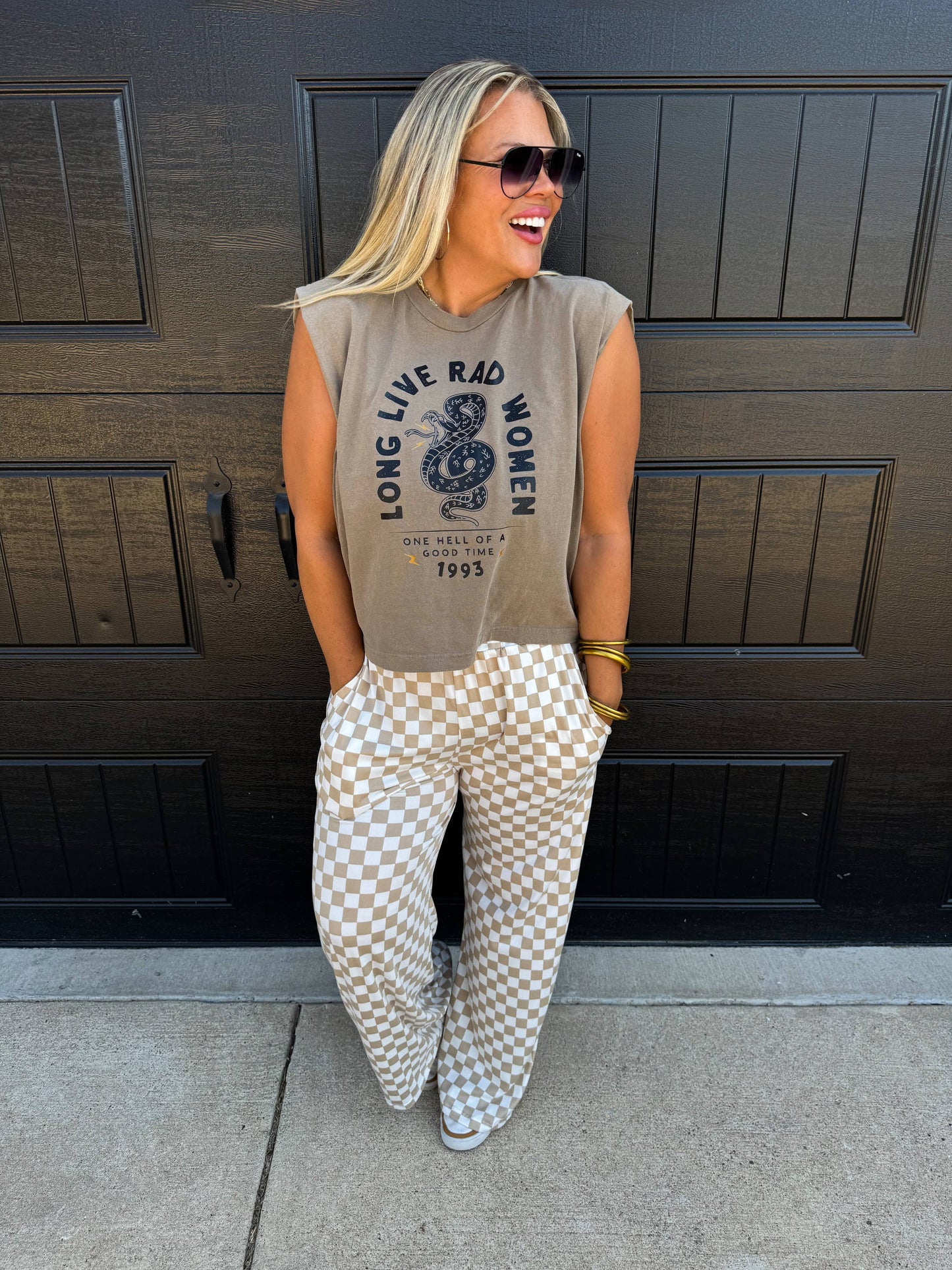 BOLD BLOCK CHECKER PANTS- NEUTRALS: Beige/White / S/M