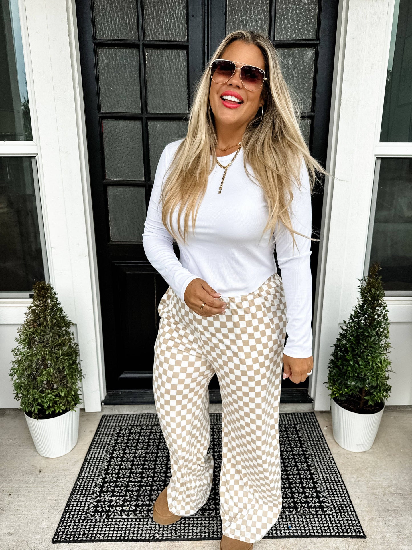 BOLD BLOCK CHECKER PANTS- NEUTRALS: Beige/White / S/M