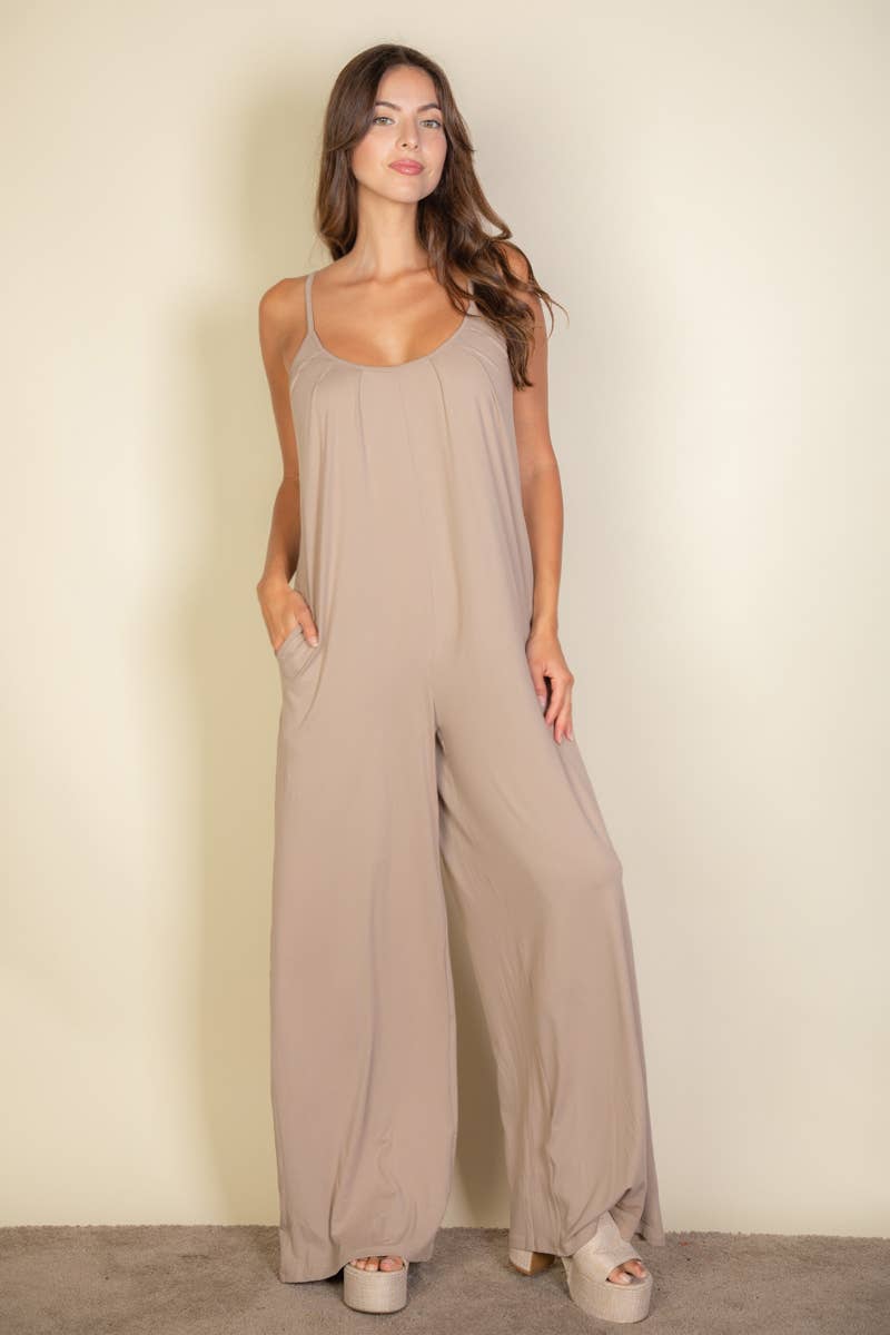 Spaghetti strap solid wide jumpsuit: Taupe / M