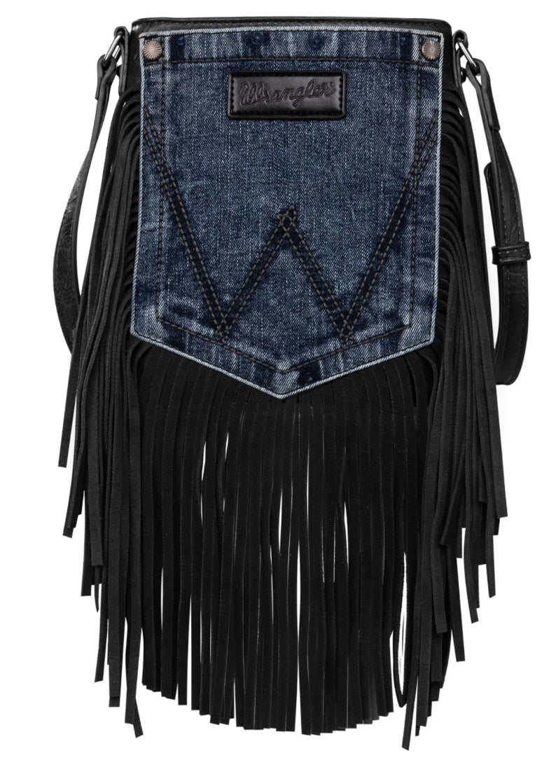 Wrangler Leather Fringe Jean Denim Pocket Crossbody - Black
