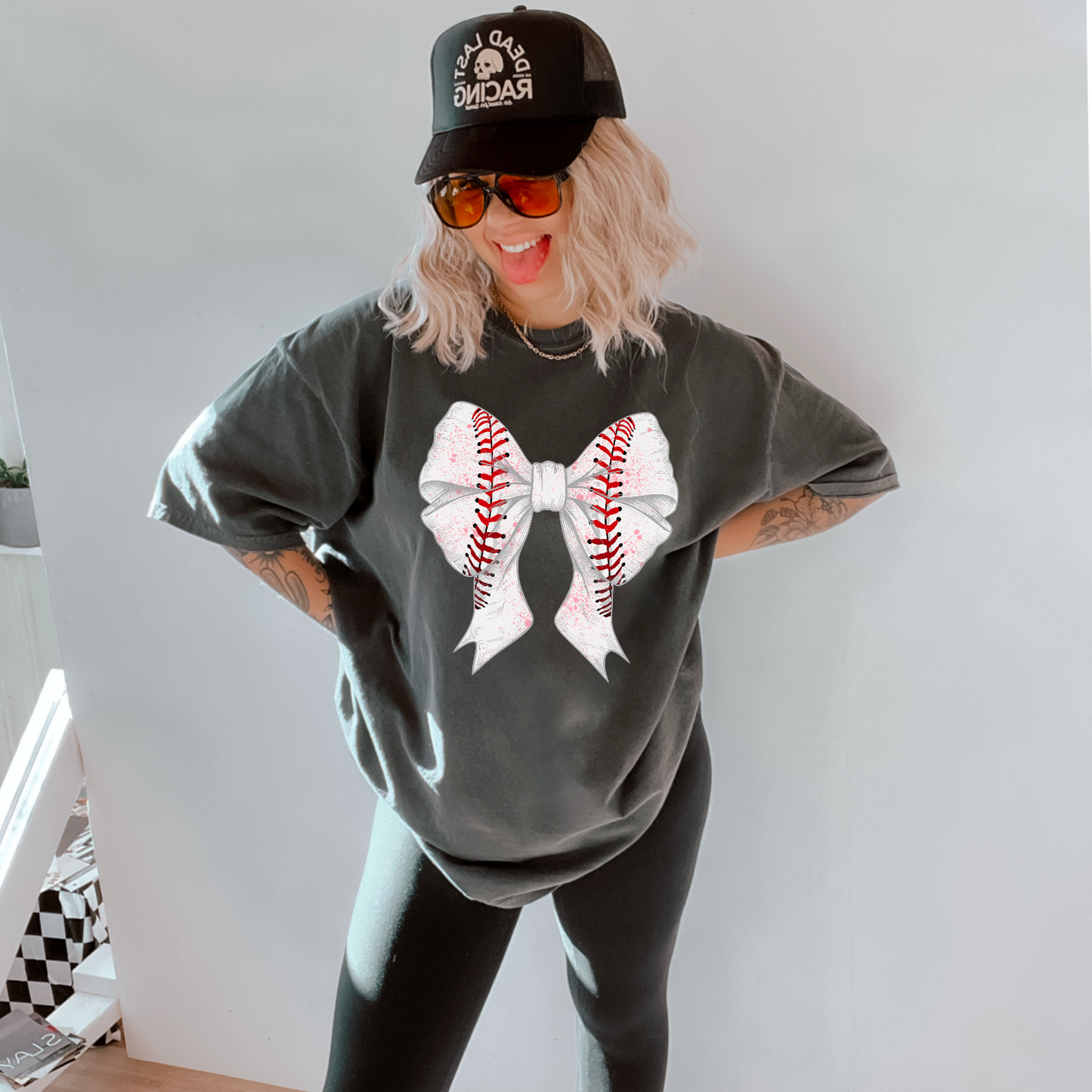 Baseball Coquette Bow Comfort Color Graphic Tee: Pepper / 2XL