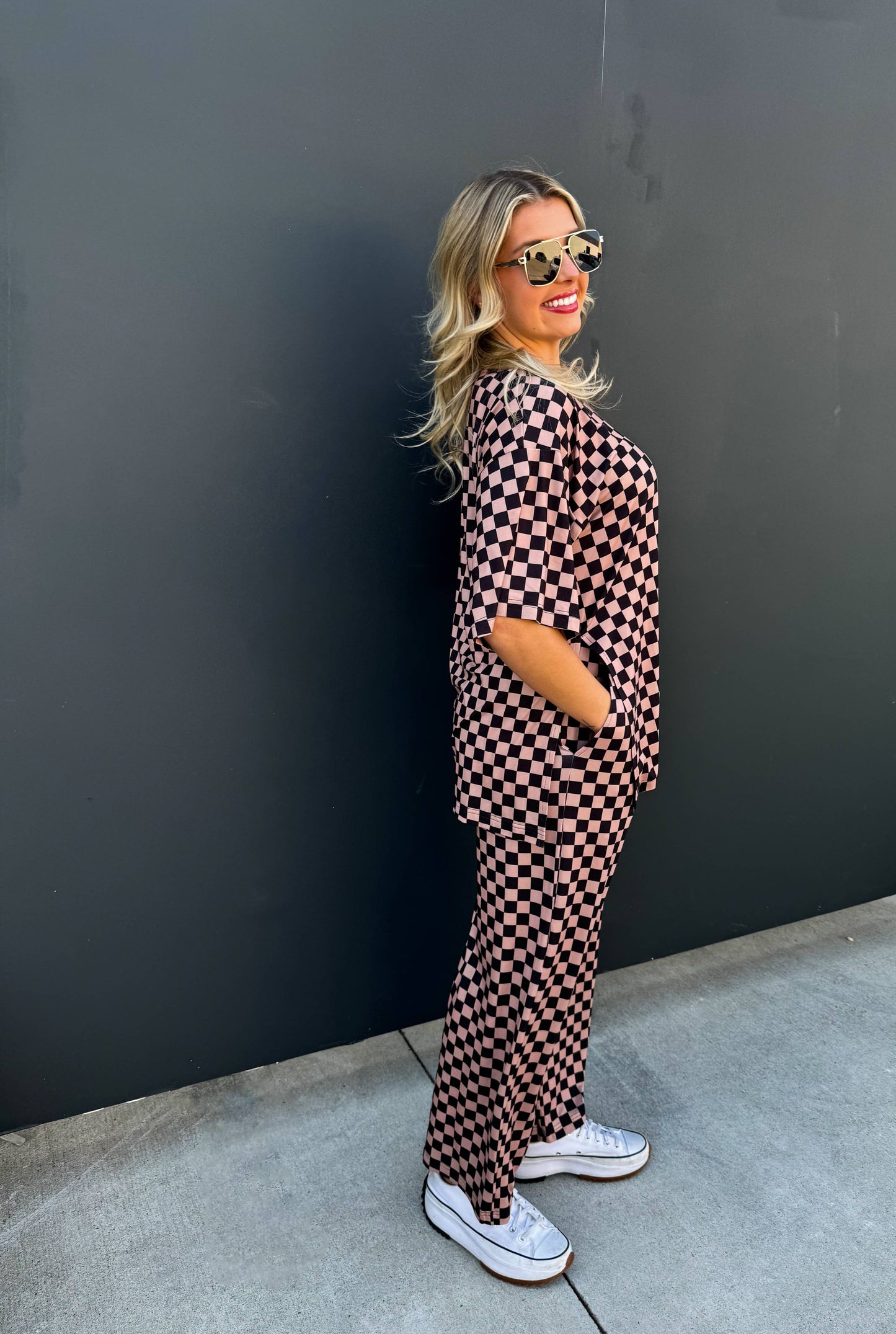 BOLD BLOCK CHECKER PANTS- NEUTRALS: Beige/White / S/M