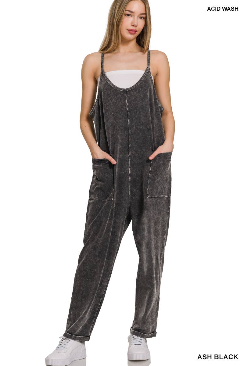 ".....SI-26092 Washed Spaghetti Straps Overalls W/ Pockets: ASH BLACK-166855 / L/XL
