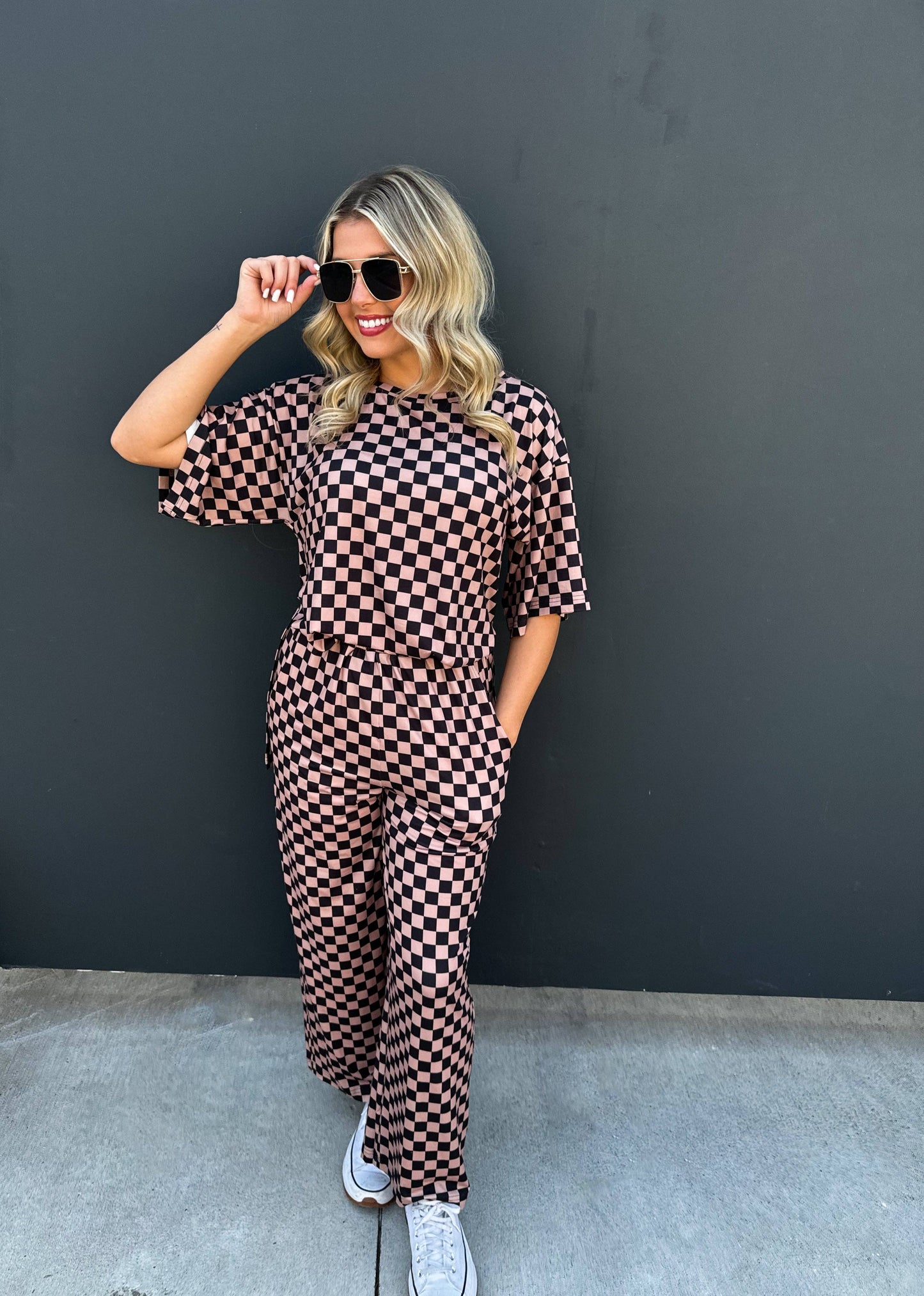 BOLD BLOCK CHECKER PANTS- NEUTRALS: Beige/White / S/M
