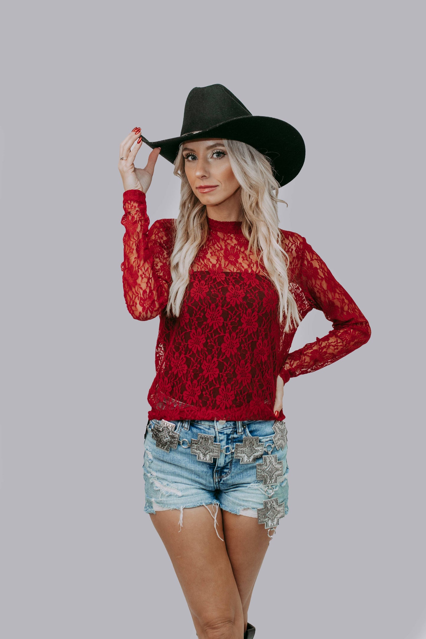 MK570BG Flower Lace Top: Burgundy / 2XL