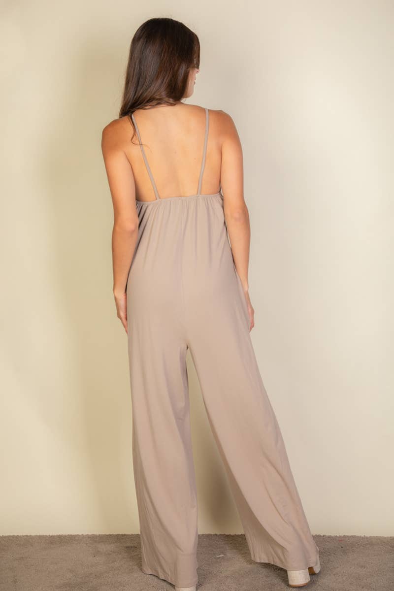 Spaghetti strap solid wide jumpsuit: Taupe / S