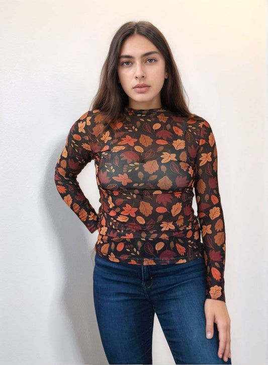 MK766 Fall Leaves Mesh Top: Black / L