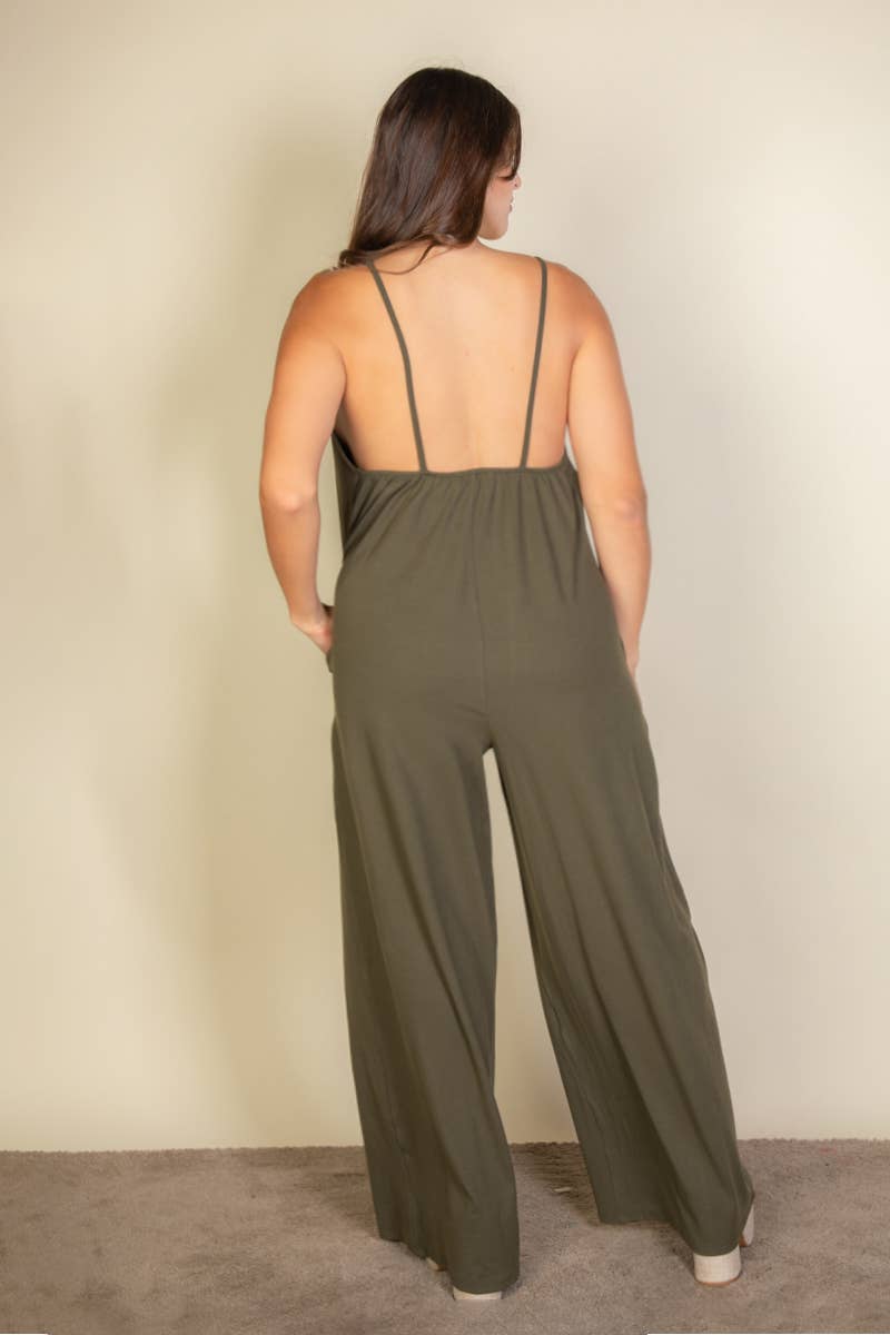 Plus Spaghetti strap solid wide jumpsuit: Taupe / 2X