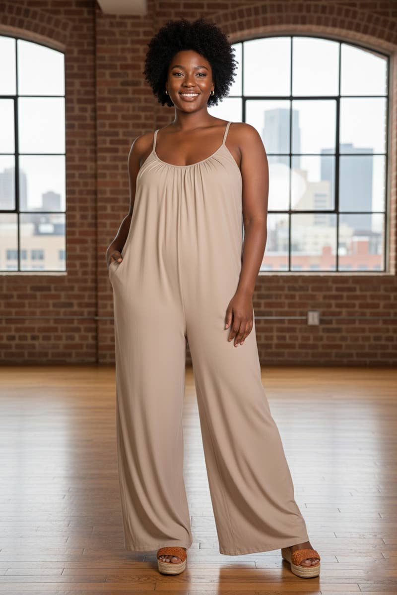 Plus Spaghetti strap solid wide jumpsuit: Taupe / 1X
