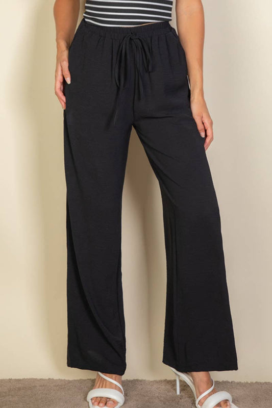 Drawstring waist wide leg minimalist pants: Black / L