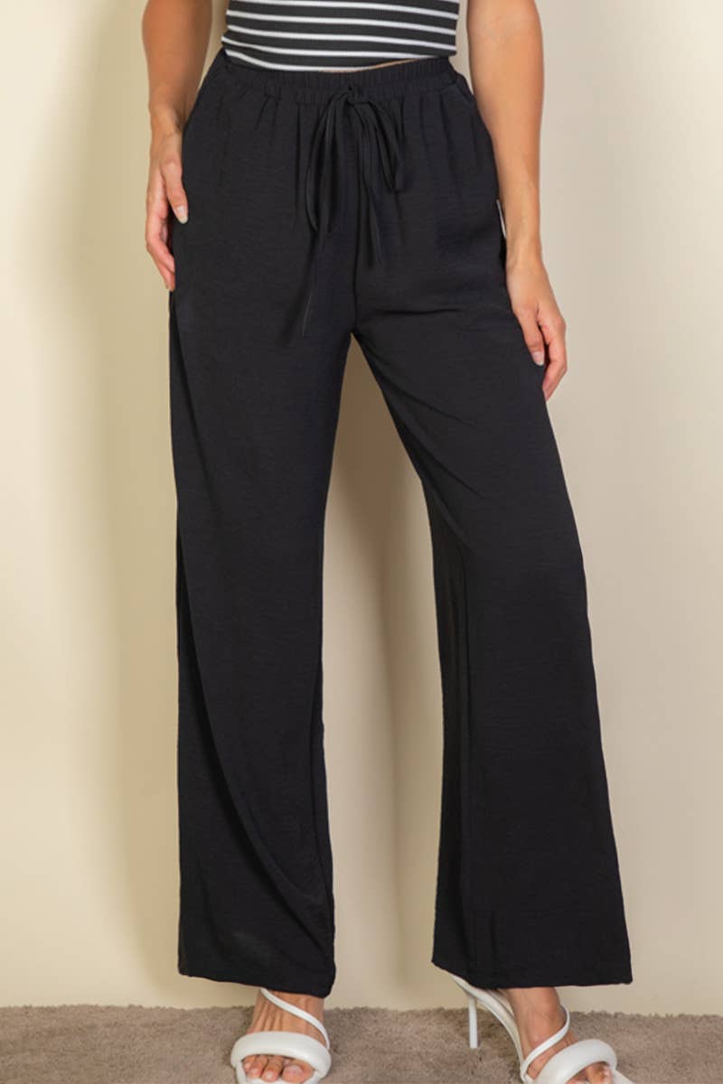 Drawstring waist wide leg minimalist pants: Taupe / M