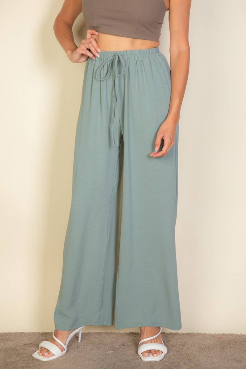 Drawstring waist wide leg minimalist pants: Taupe / S