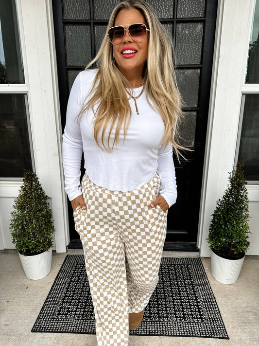 BOLD BLOCK CHECKER PANTS- NEUTRALS: Beige/White / S/M