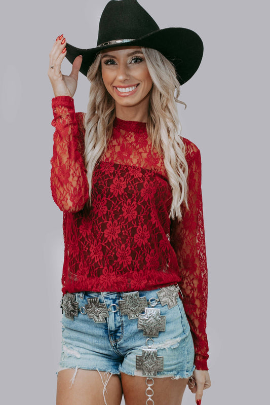 MK570BG Flower Lace Top: Burgundy / 2XL