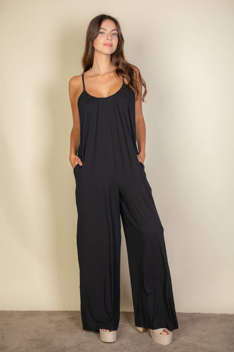 Spaghetti strap solid wide jumpsuit: Taupe / L