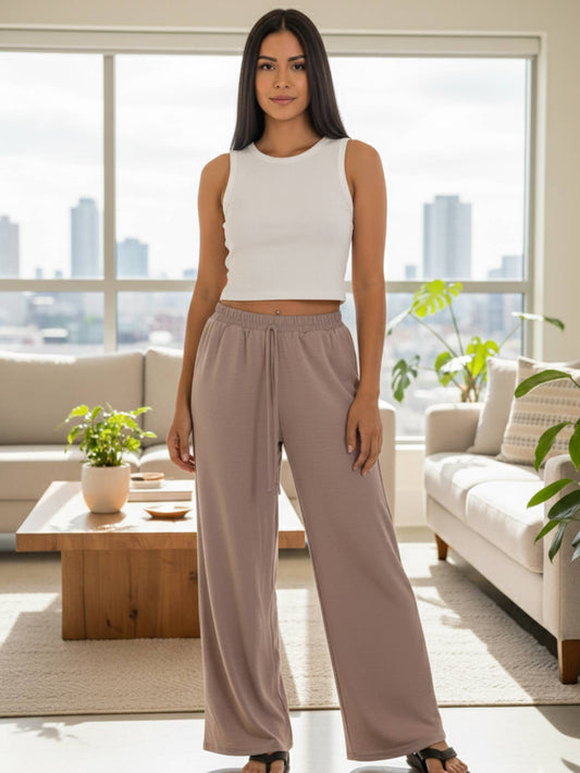 Drawstring waist wide leg minimalist pants: Taupe / M