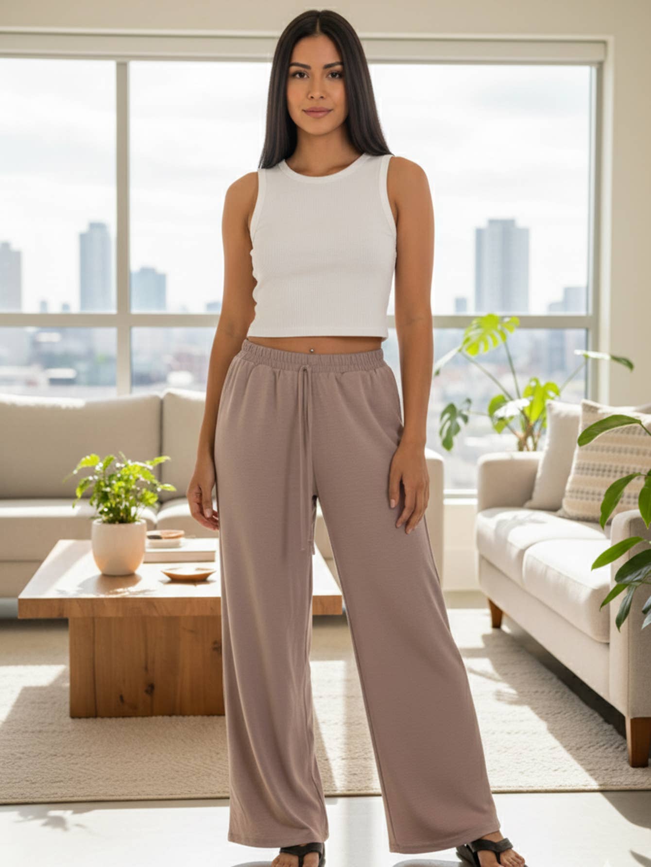 Drawstring waist wide leg minimalist pants: Taupe / S
