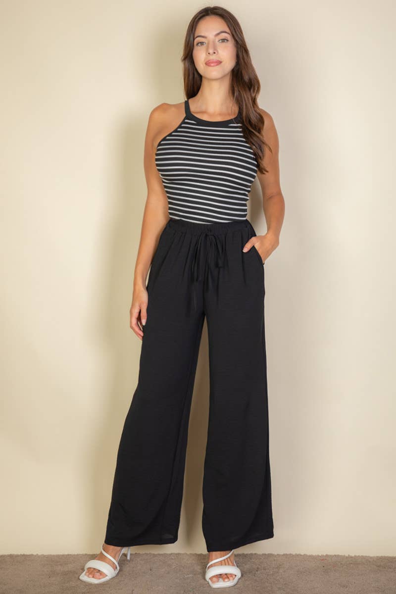 Drawstring waist wide leg minimalist pants: Taupe / M