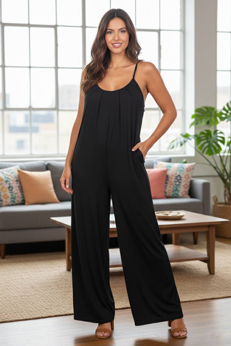Plus Spaghetti strap solid wide jumpsuit: Taupe / 1X