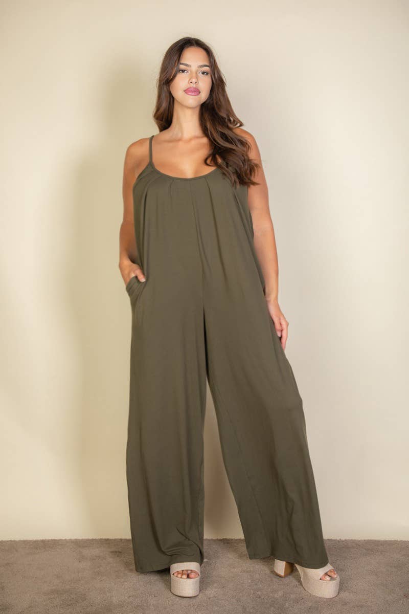 Plus Spaghetti strap solid wide jumpsuit: Taupe / 2X