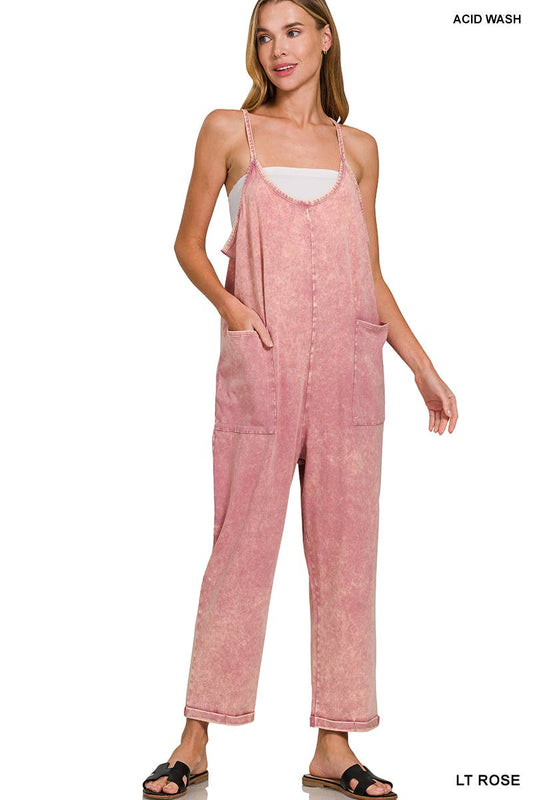 SI-26092 Washed Spaghetti Straps Overalls W/ Pockets: LT ROSE-178070 / S/M