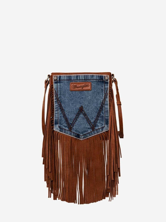 Wrangler Leather Fringe Jean Denim Pocket Crossbody - Brown