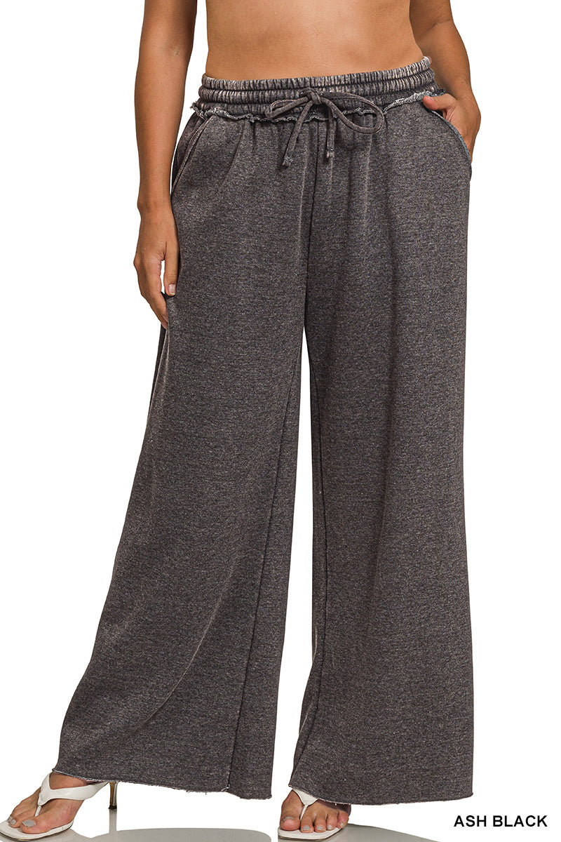 Zenana Acid Wash Flece Palazzo Sweatpants - Ash Black