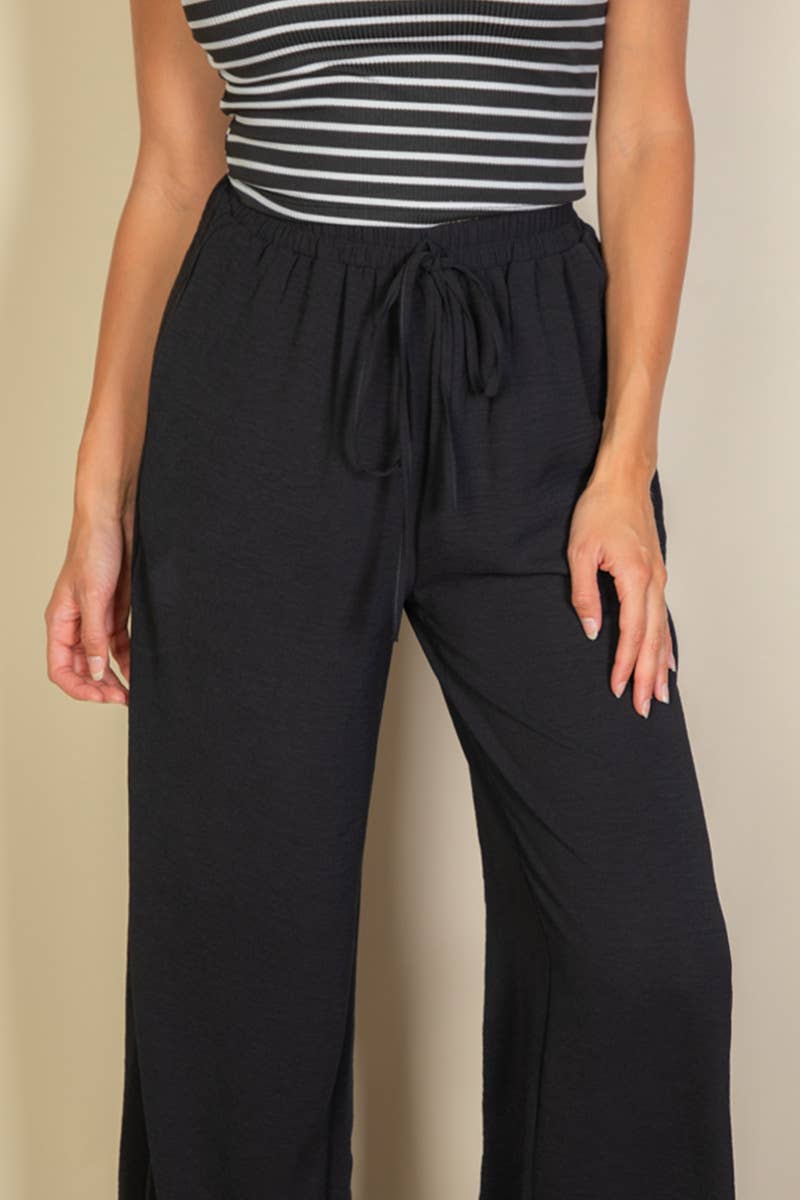 Drawstring waist wide leg minimalist pants: Black / M
