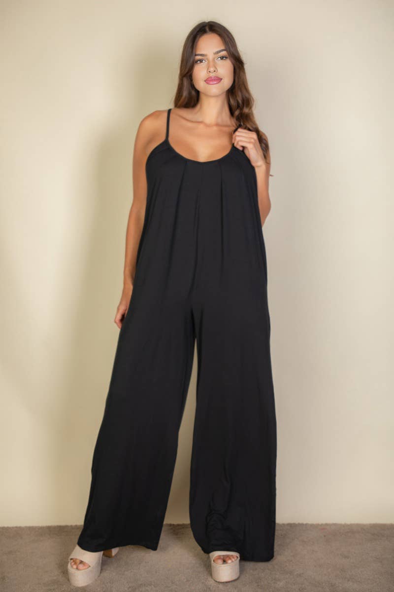 Plus Spaghetti strap solid wide jumpsuit: Taupe / 2X