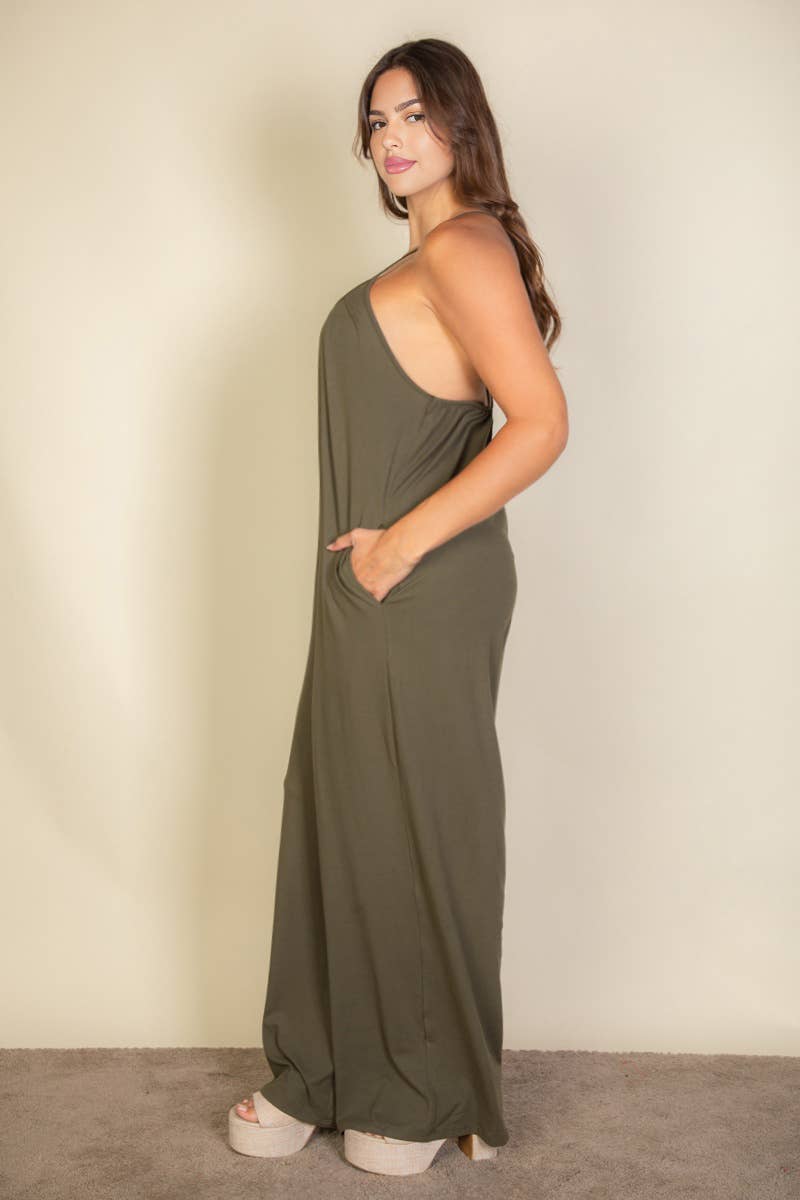 Plus Spaghetti strap solid wide jumpsuit: Taupe / 3X