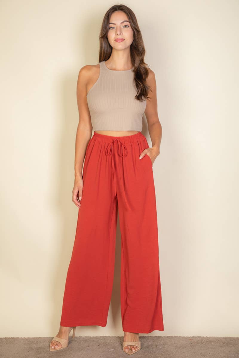 Drawstring waist wide leg minimalist pants: Taupe / L