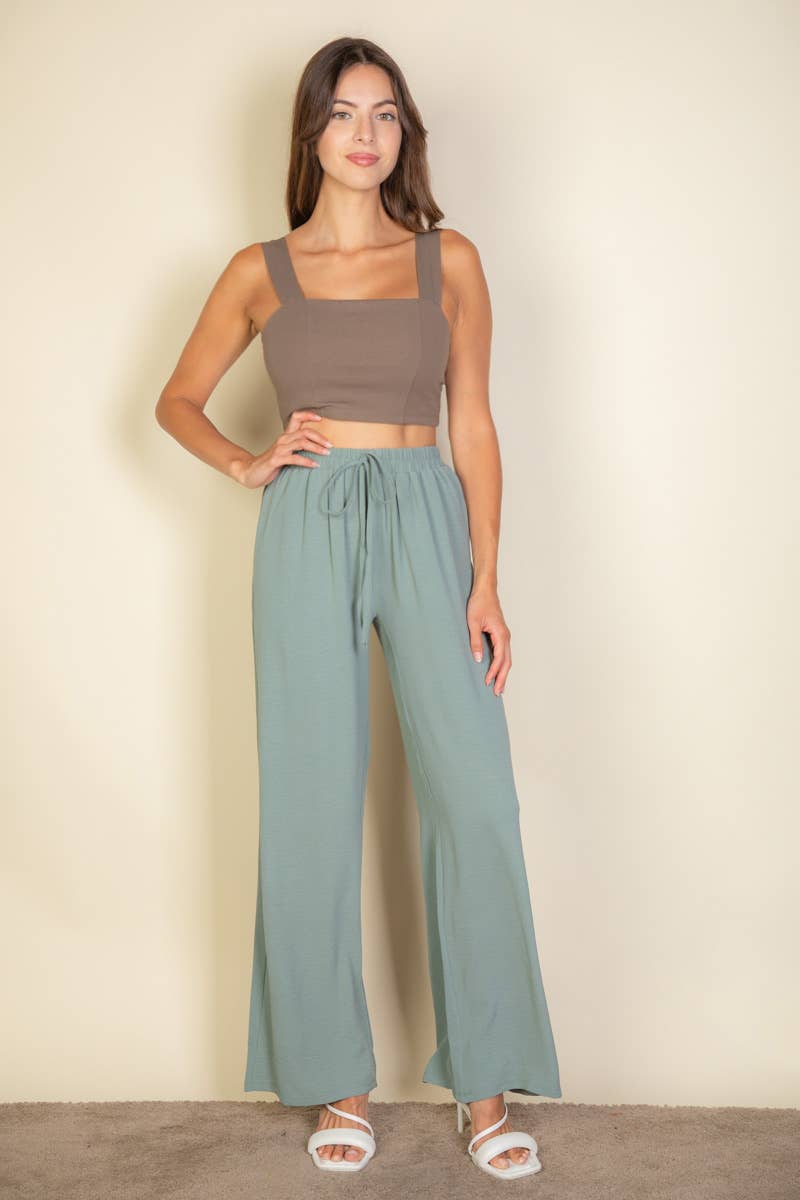 Drawstring waist wide leg minimalist pants: Taupe / S
