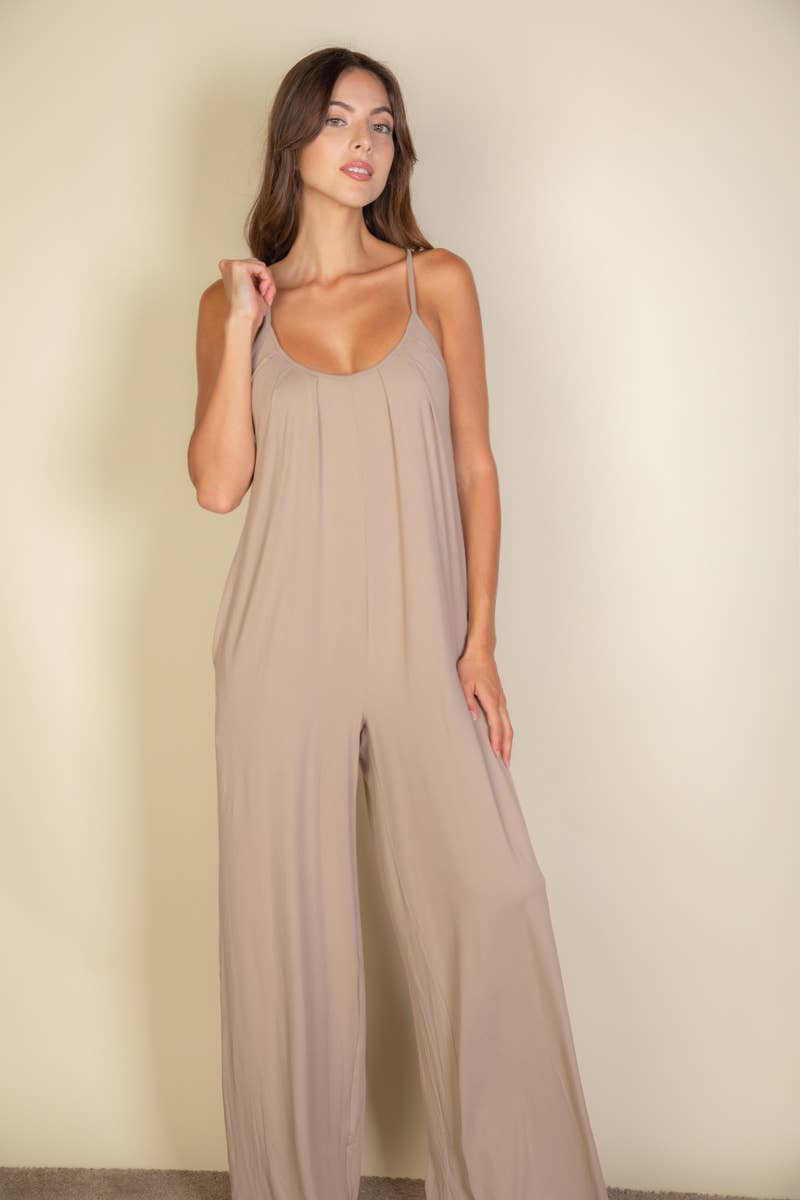 Spaghetti strap solid wide jumpsuit: Taupe / M