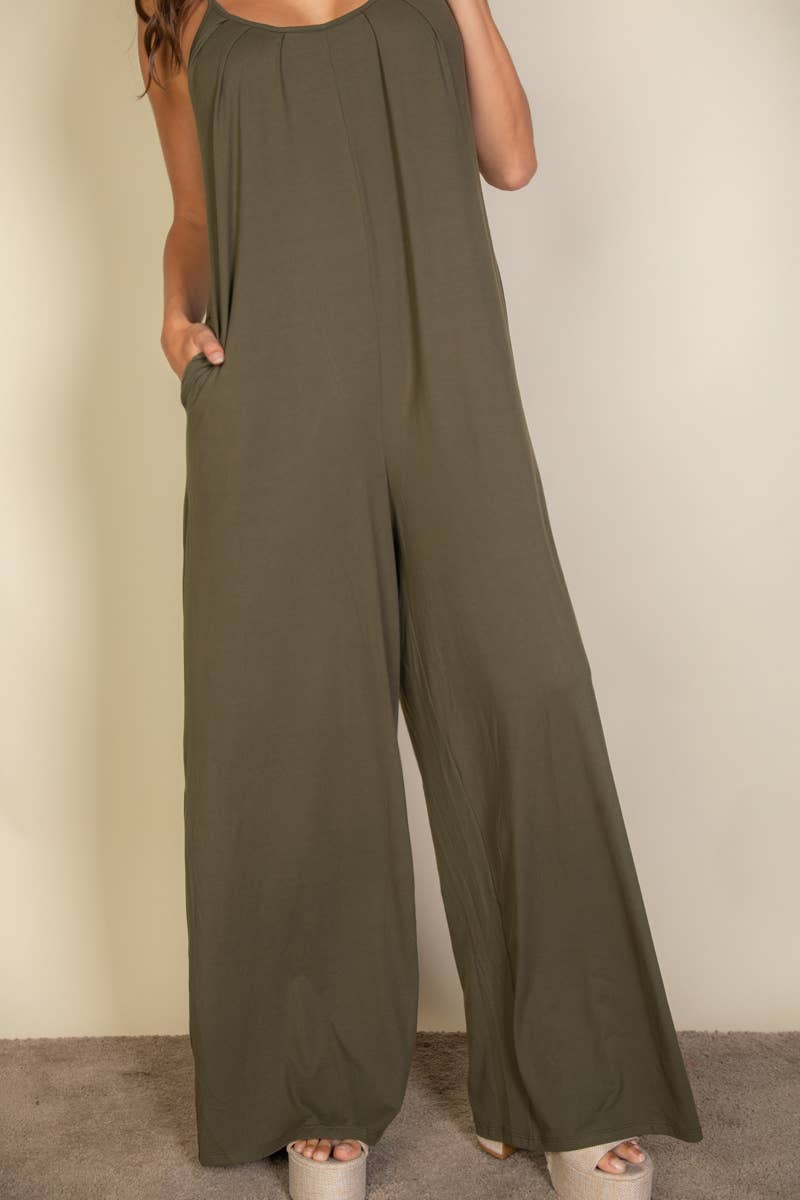 Spaghetti strap solid wide jumpsuit: Taupe / M