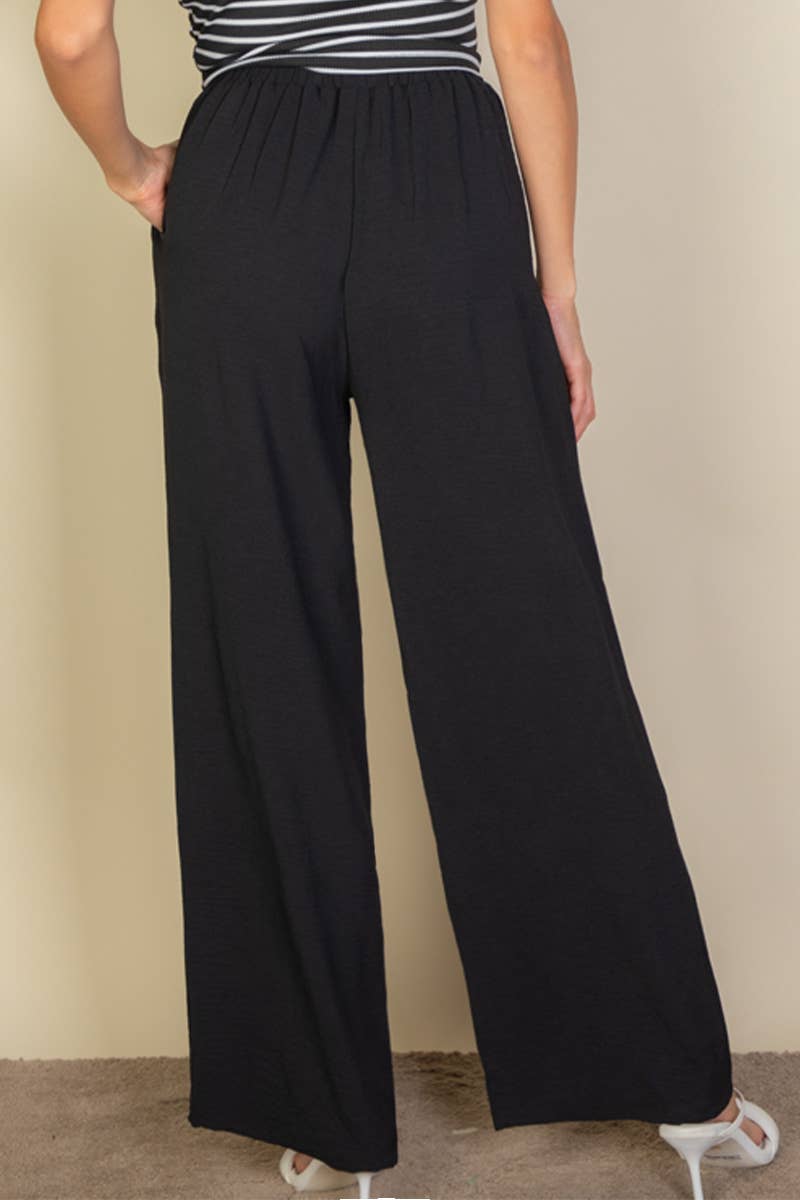 Drawstring waist wide leg minimalist pants: Taupe / L