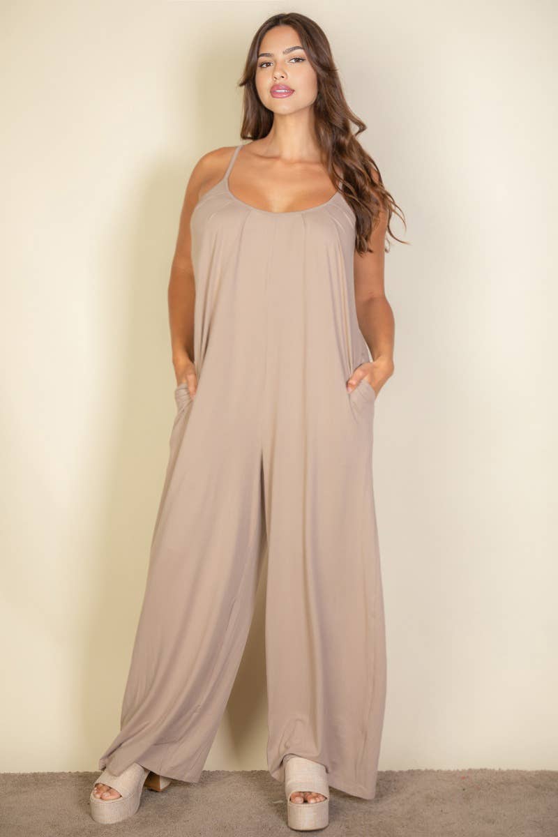 Plus Spaghetti strap solid wide jumpsuit: Taupe / 3X