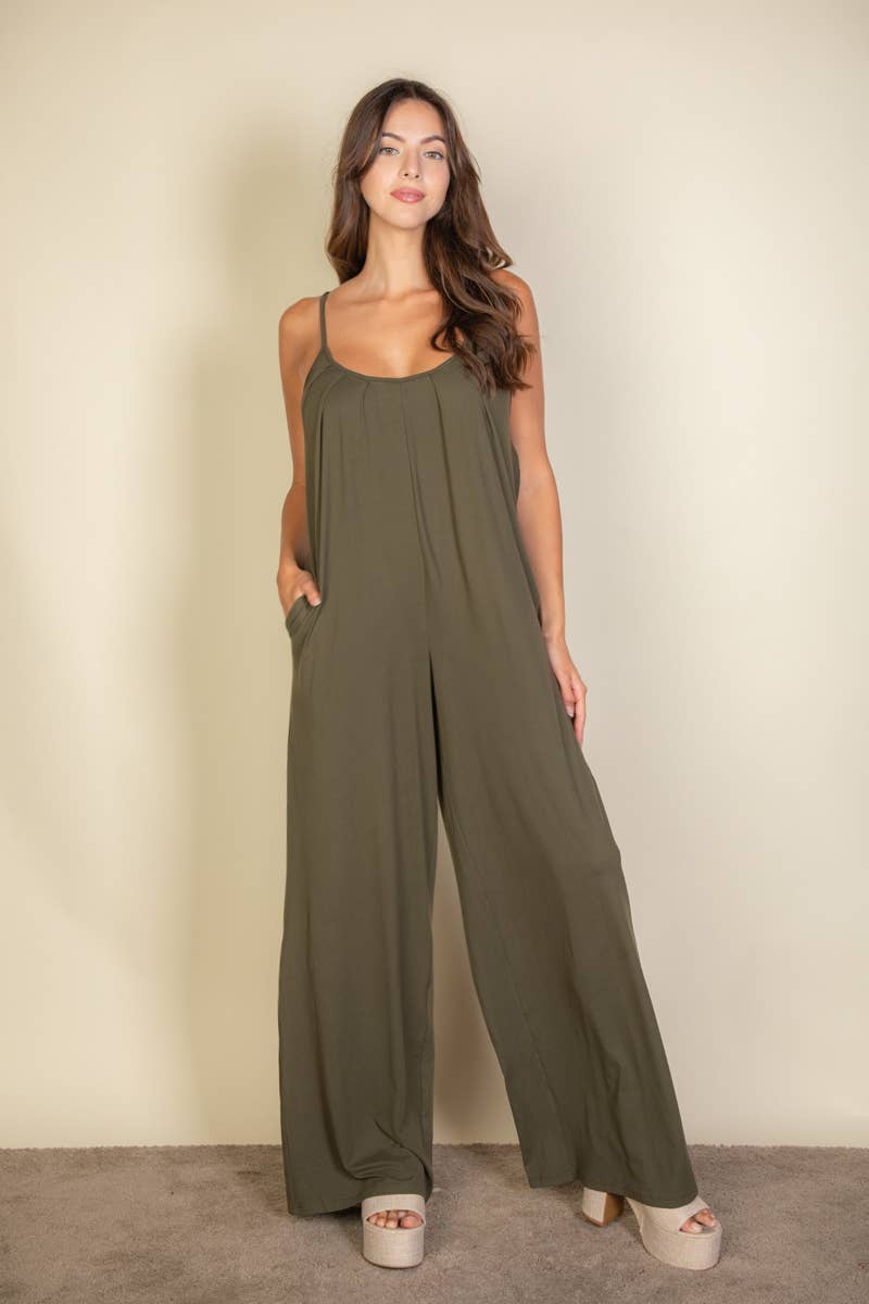 Spaghetti strap solid wide jumpsuit: Taupe / L