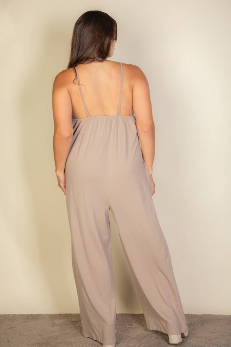Plus Spaghetti strap solid wide jumpsuit: Taupe / 1X