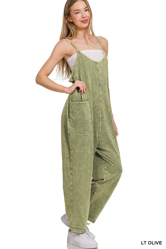 SI-26092 Washed Spaghetti Straps Overalls W/ Pockets: LT OLIVE-166853 / L/XL