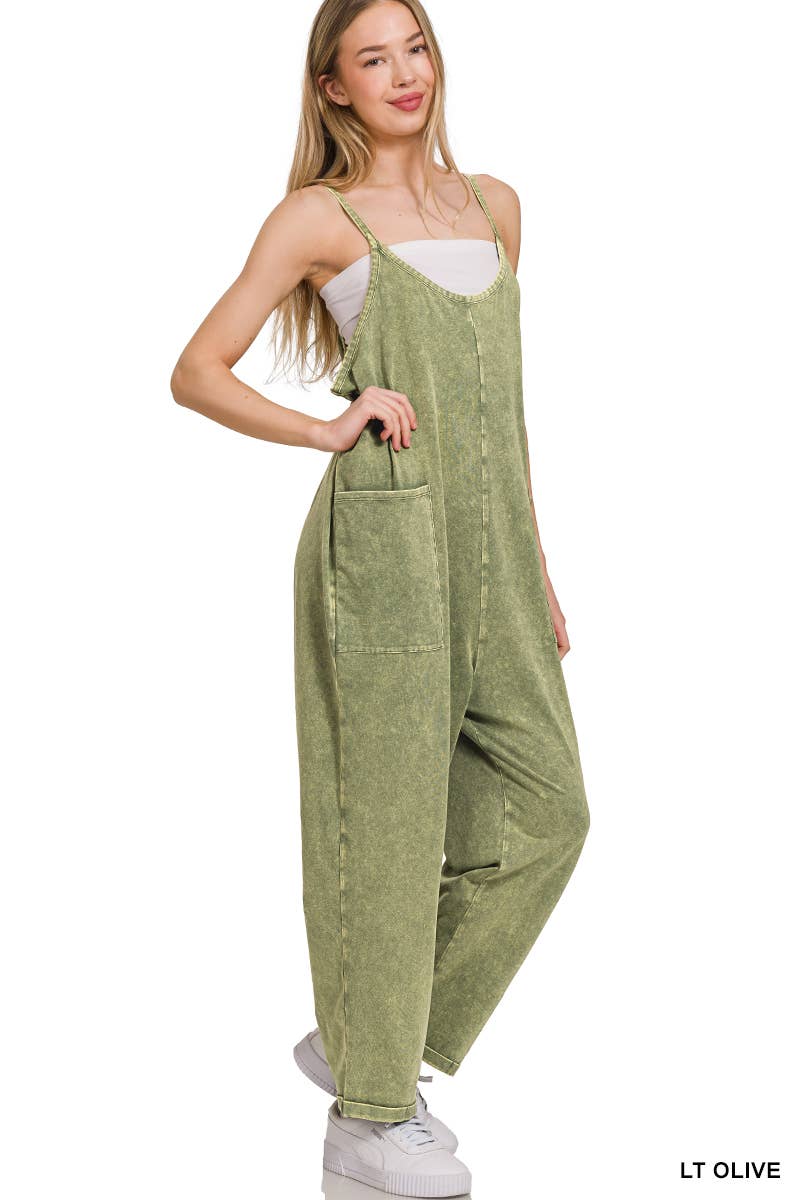 SI-26092 Washed Spaghetti Straps Overalls W/ Pockets: LT OLIVE-166853 / S/M